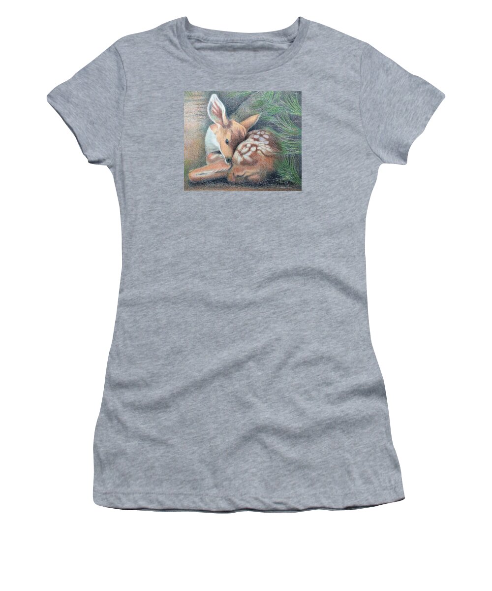 Art Women's T-Shirt featuring the drawing Mule Deer Fawn by Dustin Miller