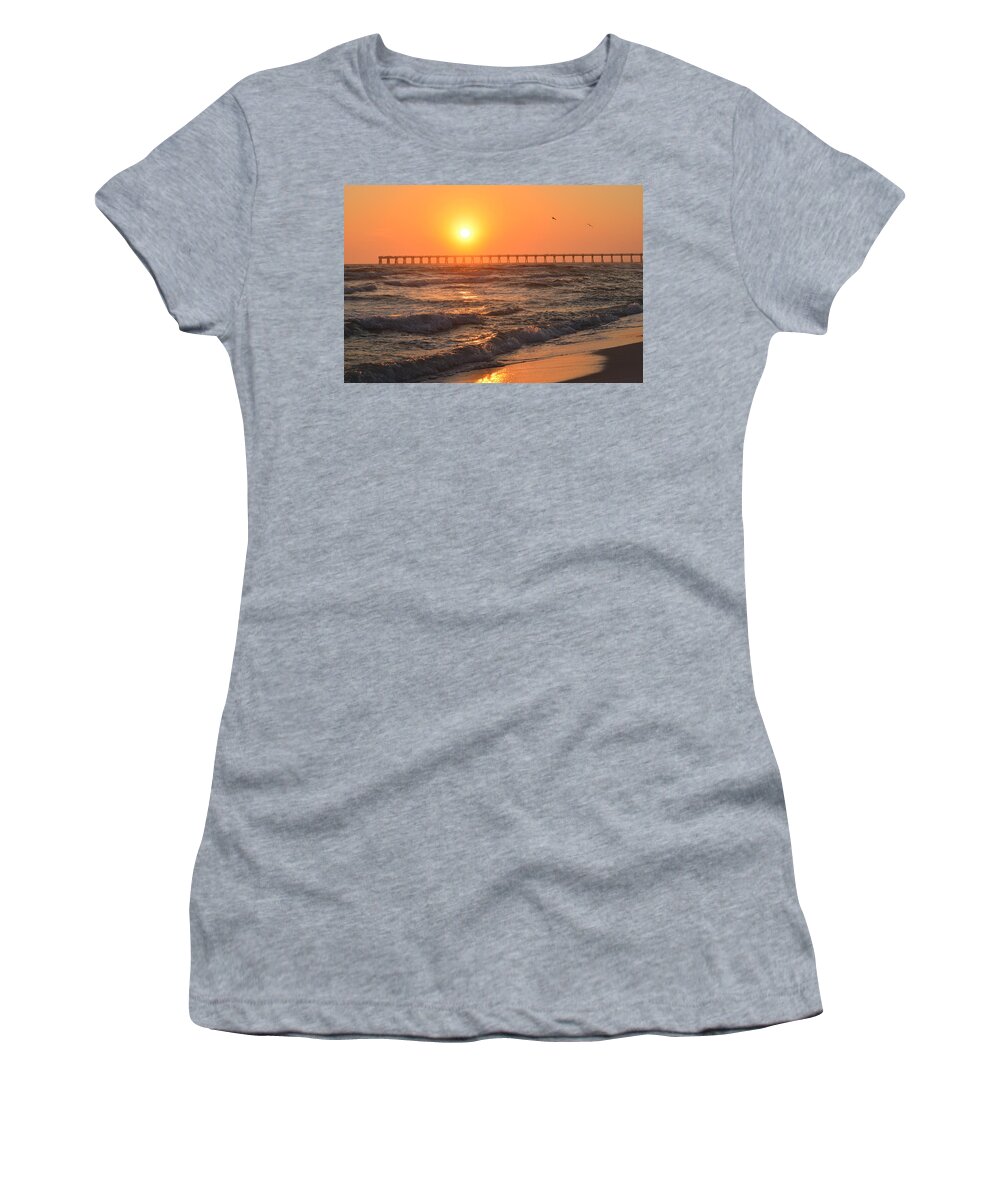 Navarre Women's T-Shirt featuring the photograph Navarre Beach and Pier Sunset Colors with Birds and Waves by Jeff at JSJ Photography