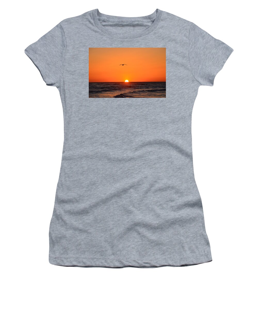 Navarre Beach Women's T-Shirt featuring the photograph Navarre Beach Sunrise Waves and Bird by Jeff at JSJ Photography