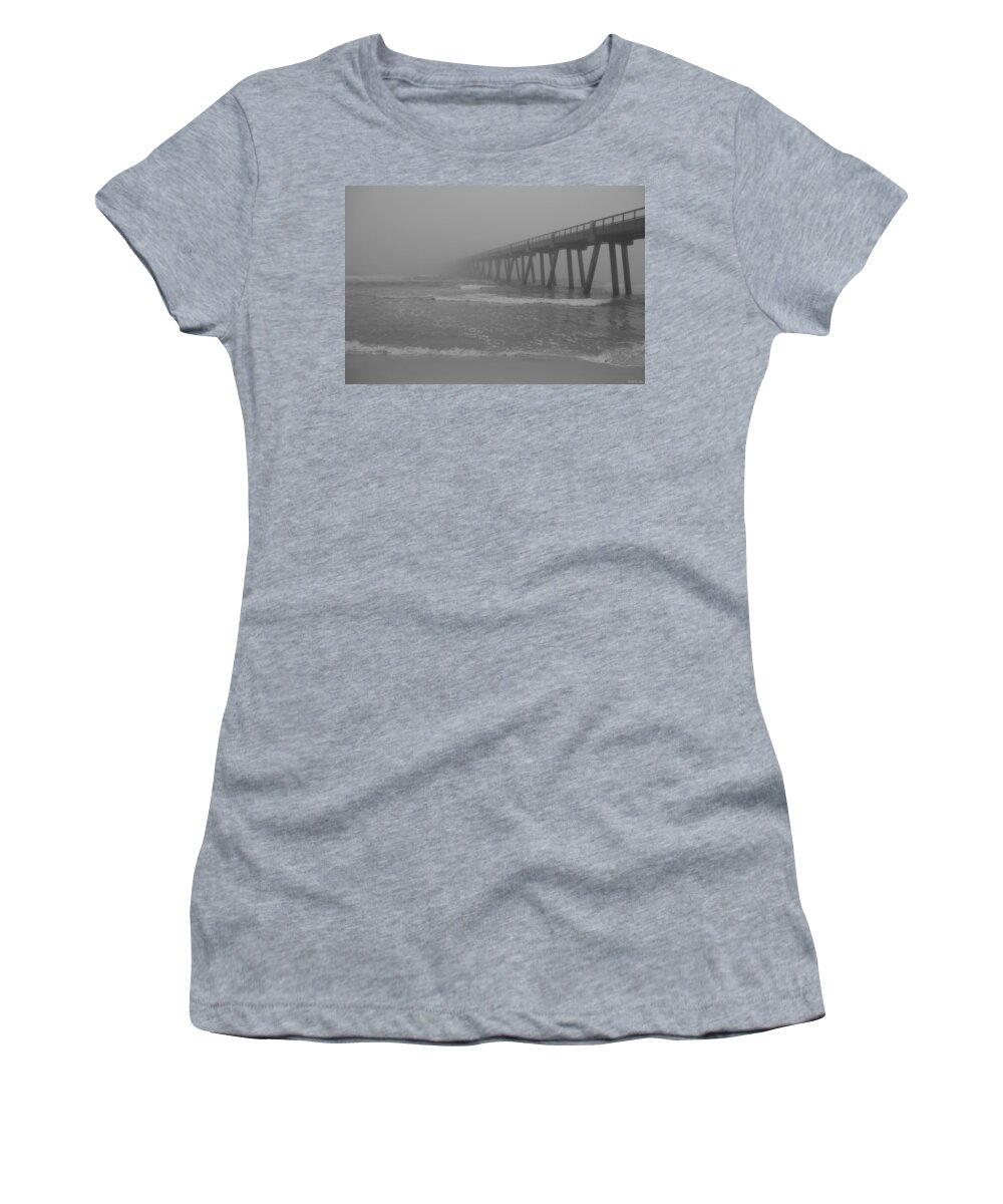 Navarre Women's T-Shirt featuring the photograph Navarre Pier Disappears in the BW Fog by Jeff at JSJ Photography