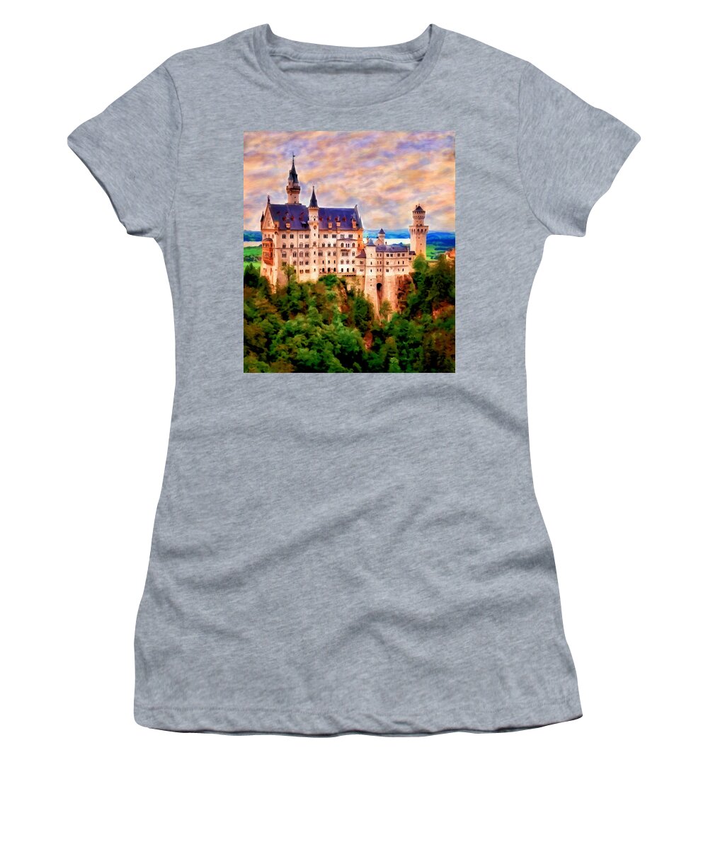Hohenschwangau Women's T-Shirt featuring the painting Neuschwanstein Castle by Michael Pickett