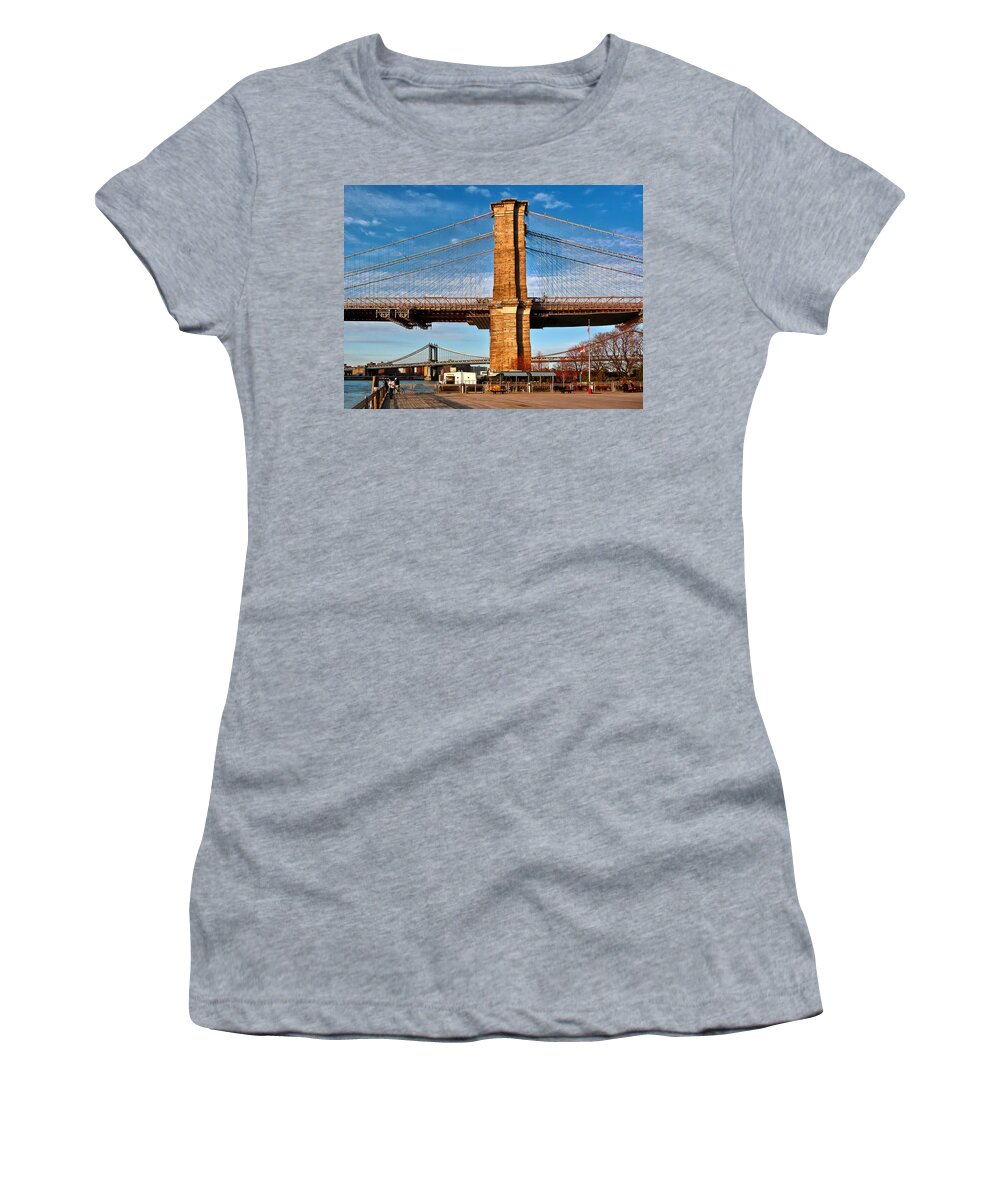 Amazing Brooklyn Bridge Photos Women's T-Shirt featuring the photograph New York Bridges Lit by Golden Sunset by Mitchell R Grosky