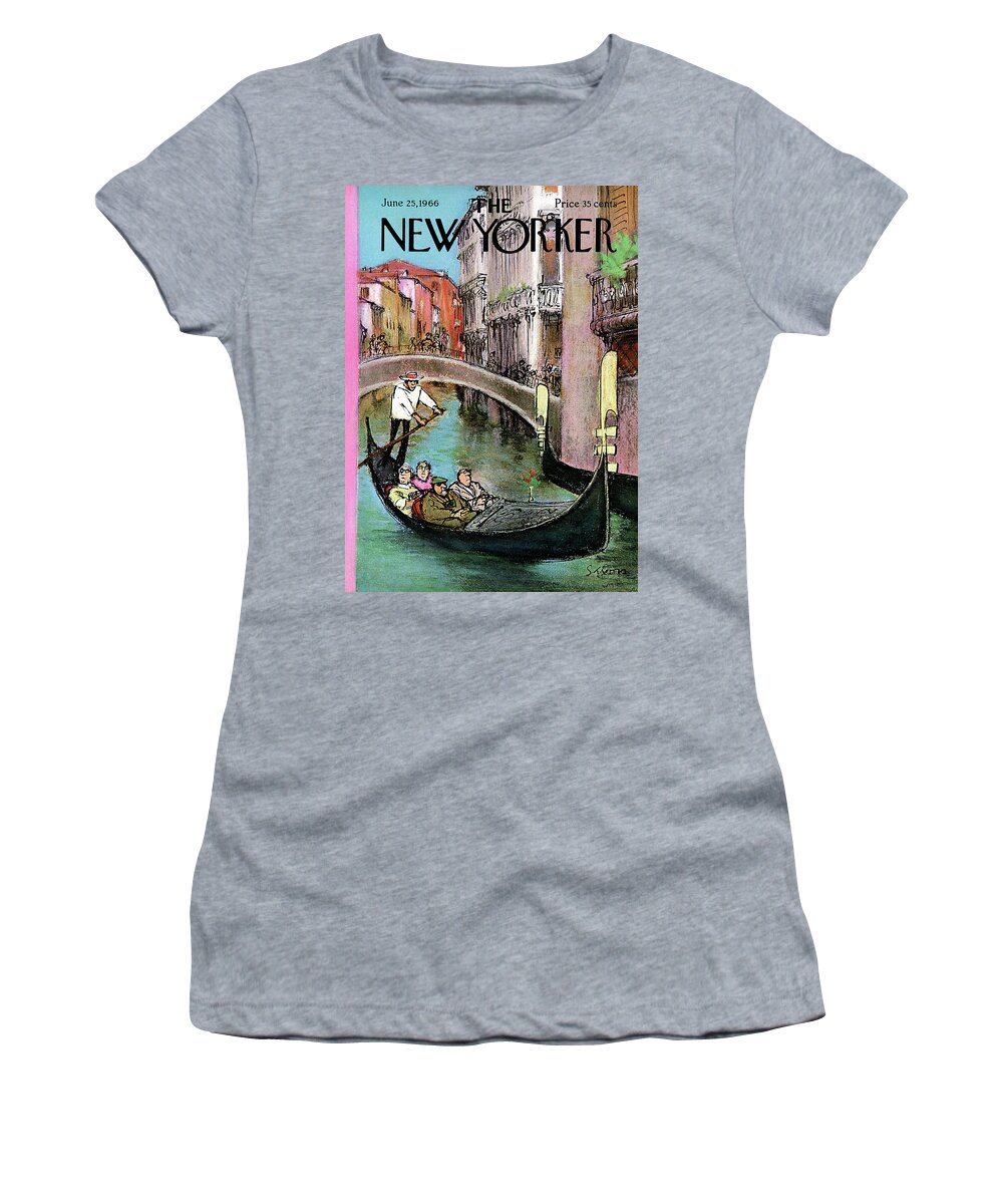 (couples Enjoy A Romantic Gondola Cruise Down A Scenic Venice Waterway.) International Italy Leisure Relaxation Vacation Travel Boat Love Tourist Charles Saxon Charles Saxon Csa Artkey 46188 Women's T-Shirt featuring the painting New Yorker June 25th, 1966 by Charles Saxon