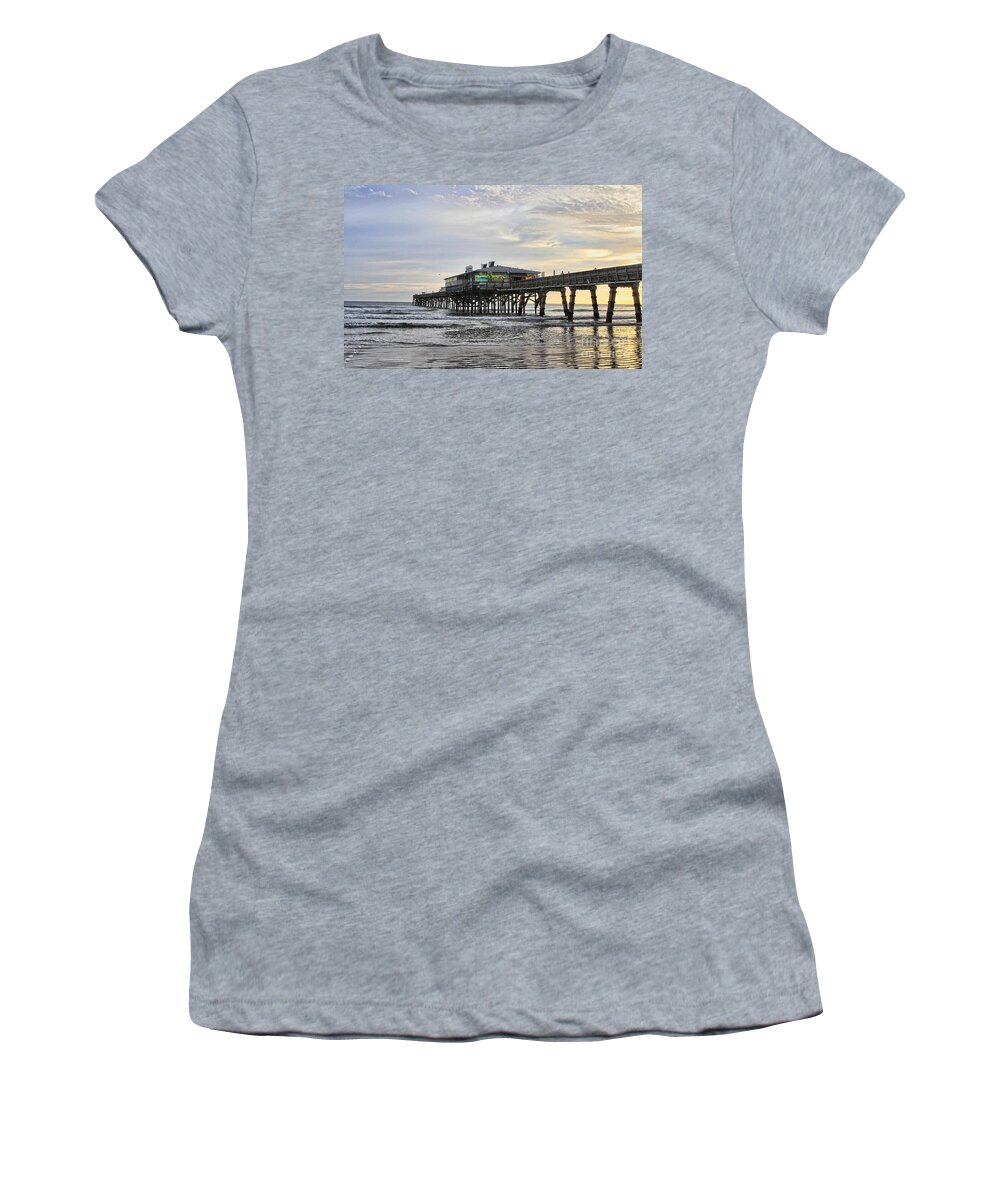 Beach Women's T-Shirt featuring the photograph November Morning at Sun Glow Pier by Deborah Benoit