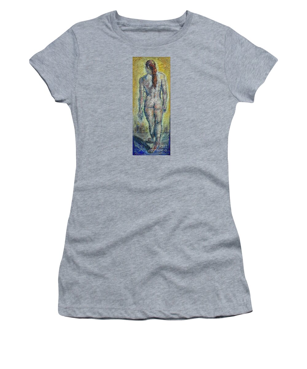 Oil And Sand On Canvas Women's T-Shirt featuring the painting Nude Brunet by Raija Merila