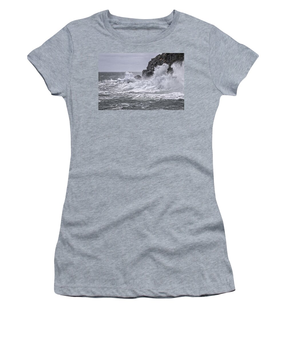 Quoddy Head State Park Women's T-Shirt featuring the photograph Ocean Surge at Gulliver's by Marty Saccone