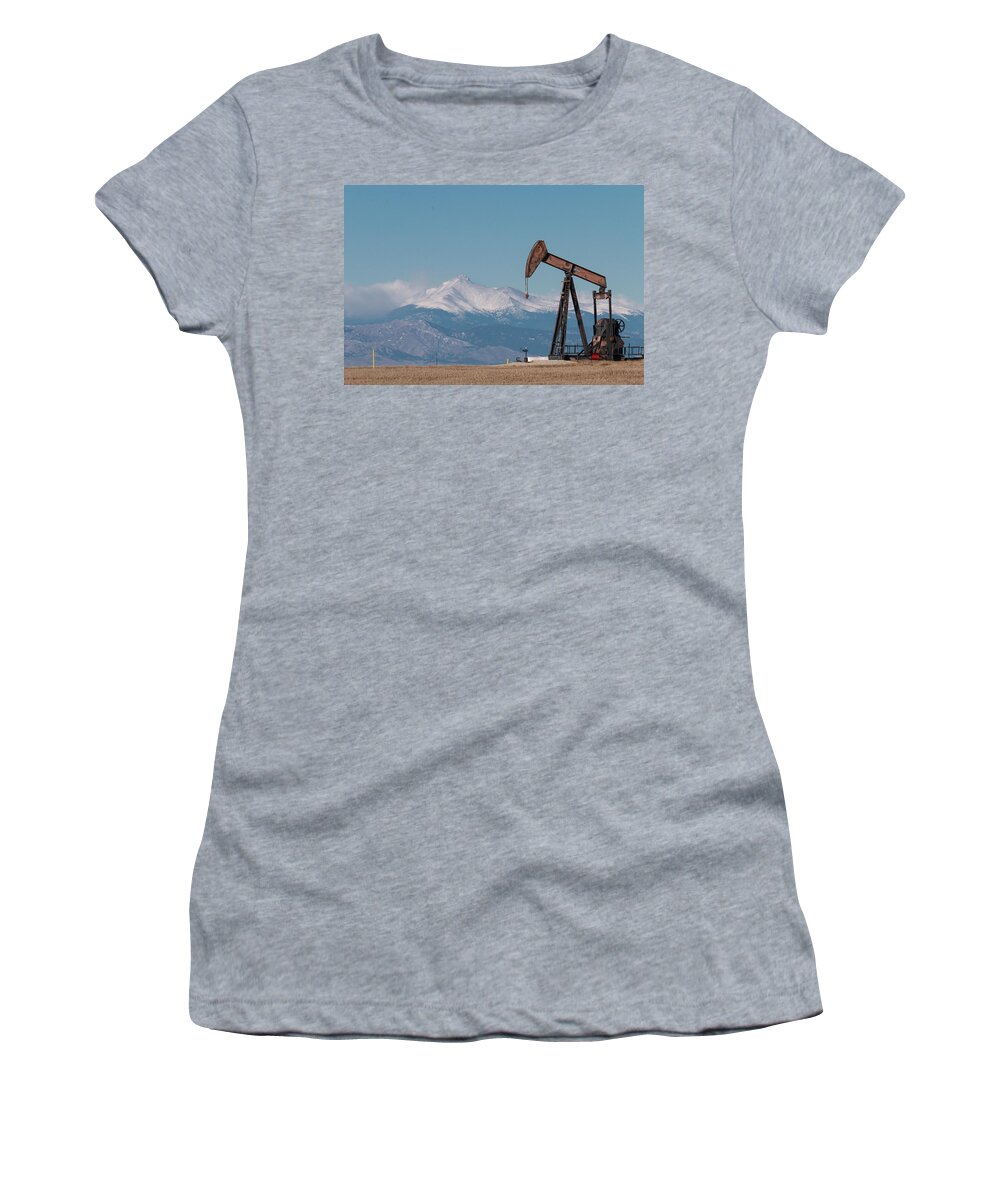 Oil Women's T-Shirt featuring the photograph Oil Pumpjack in the Shadows of the Rockies by Tony Hake