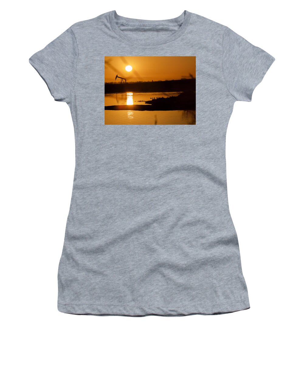 Bolsa Chica Women's T-Shirt featuring the photograph Oil Sunrise and Gold by Denise Dube