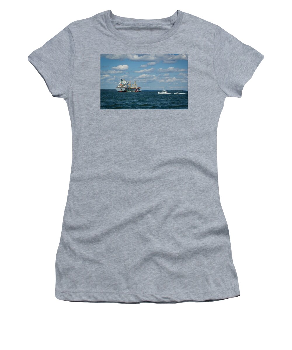 Maine Women's T-Shirt featuring the photograph Oil tanker and lobster boat by Jane Luxton