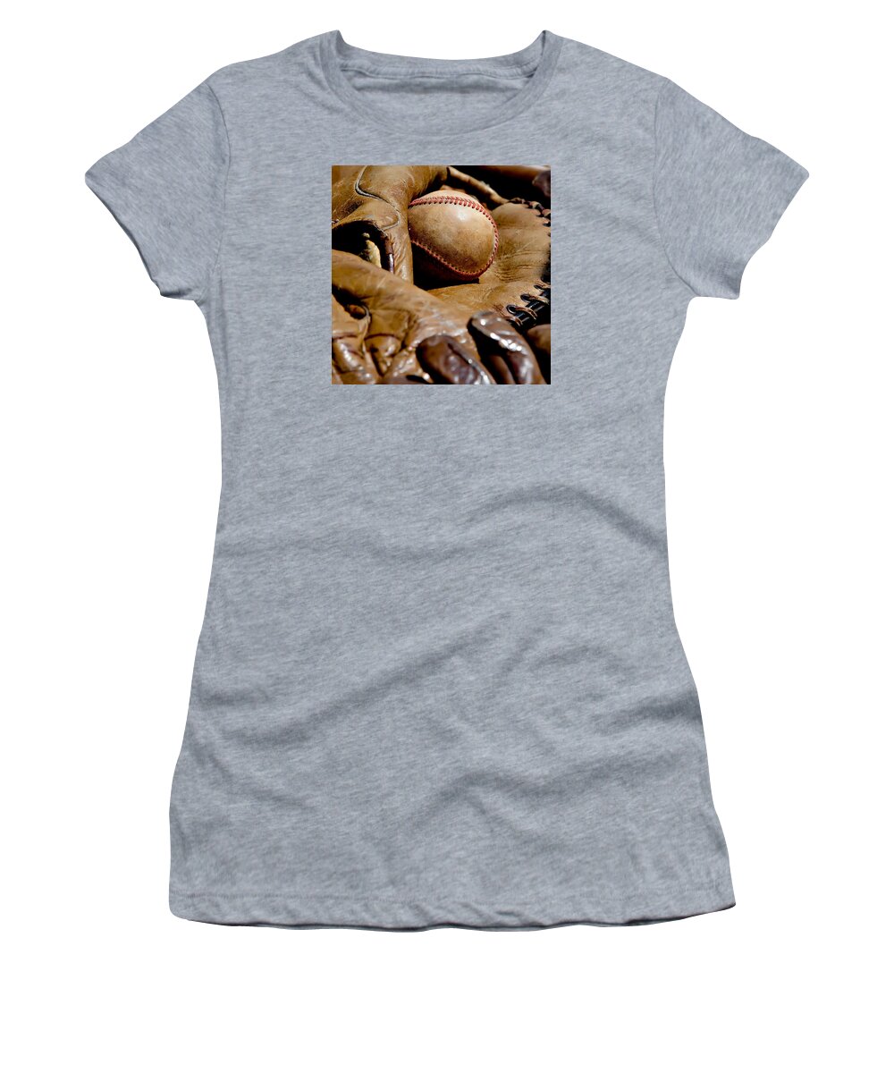 Sports Women's T-Shirt featuring the photograph Old Baseball Ball and Gloves by Art Block Collections