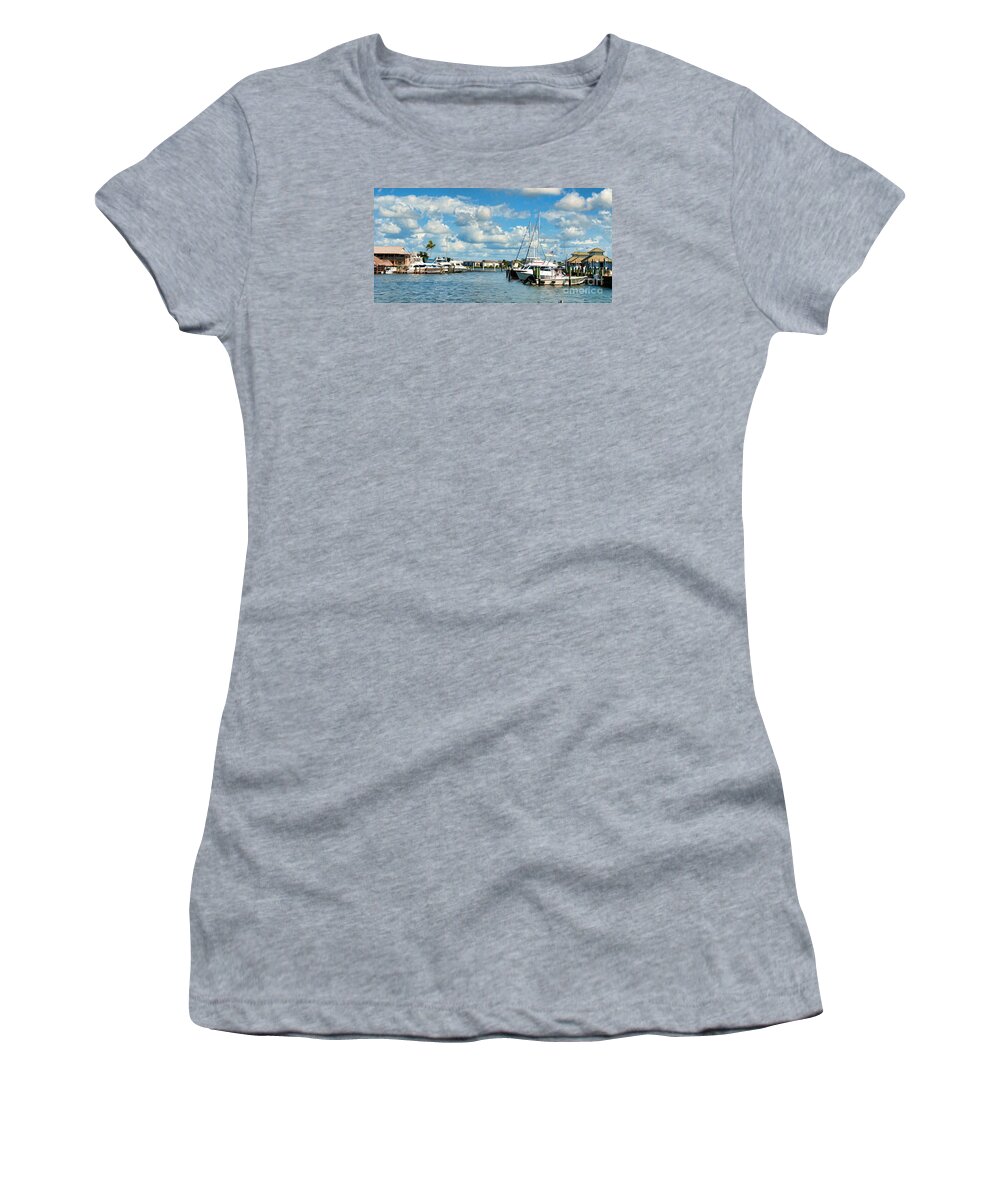 Marina Women's T-Shirt featuring the photograph Old city dock and boats in Naples Florida by Les Palenik