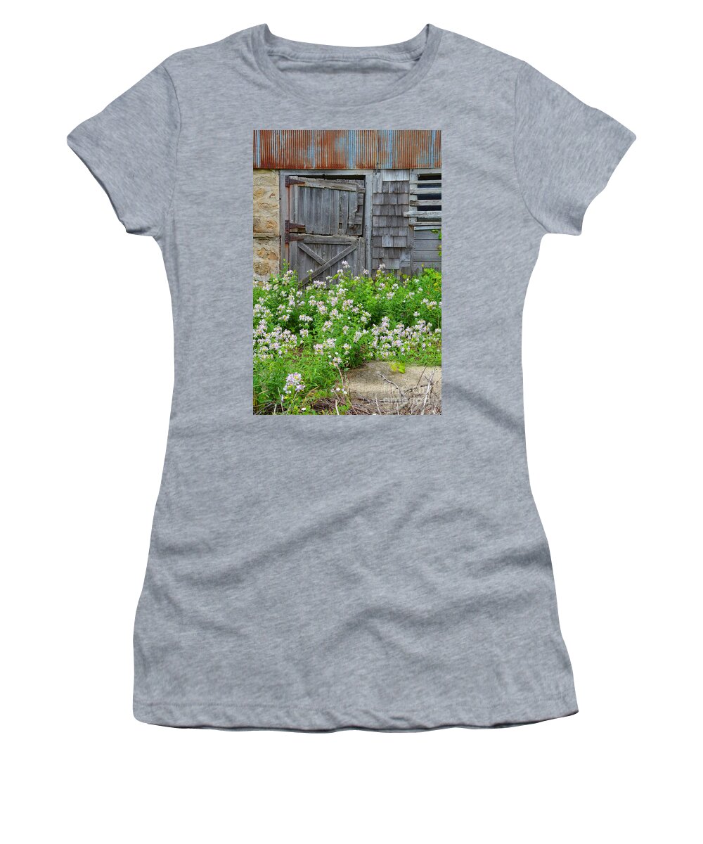 Door Women's T-Shirt featuring the photograph Old Door and Wildflowers by Jill Battaglia