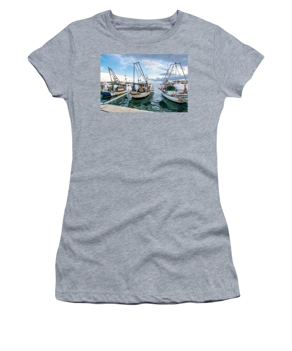 Boat Women's T-Shirt featuring the photograph Old Fishing Boats In Evening Harbor by Andreas Berthold