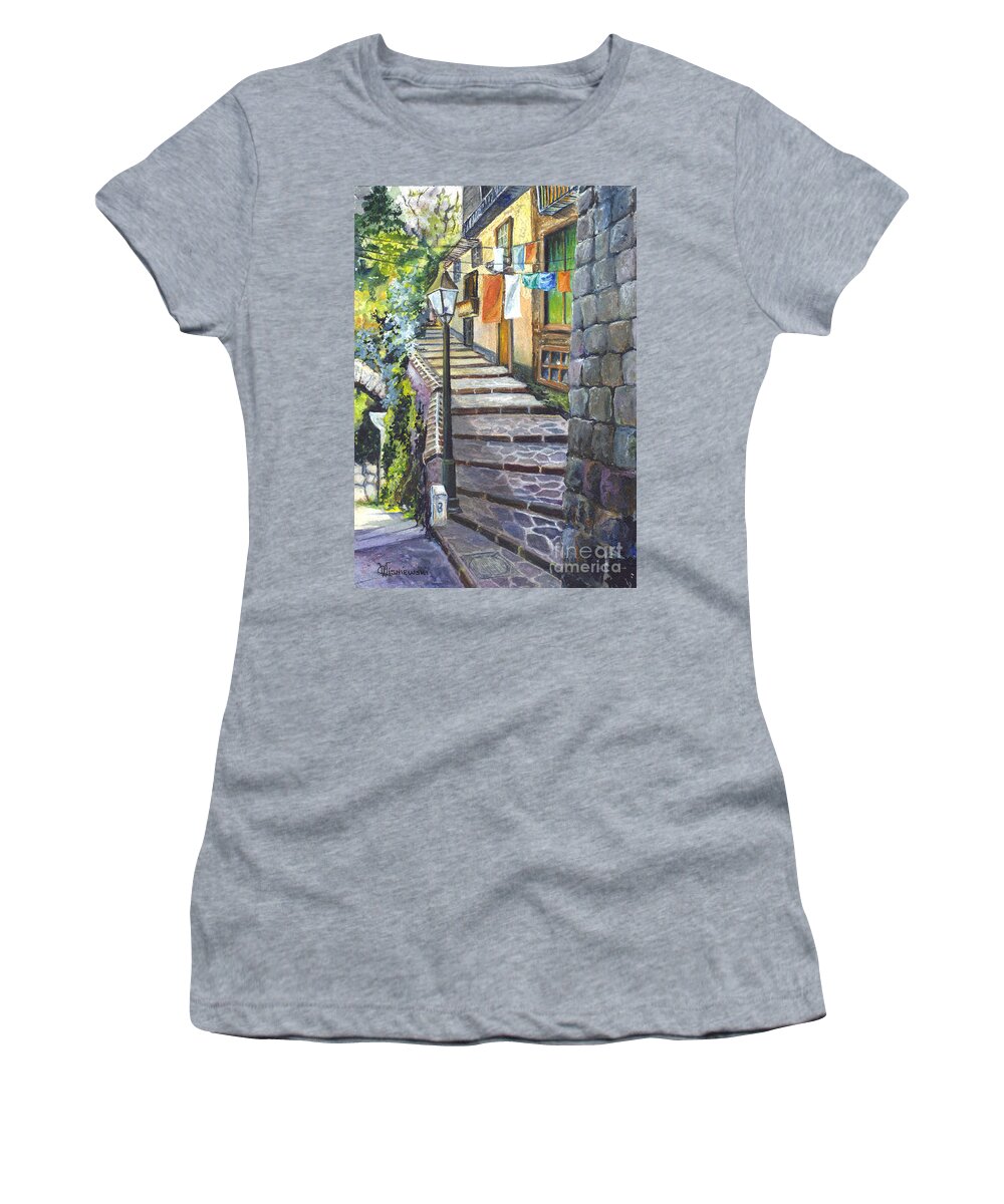 Watercolor Women's T-Shirt featuring the painting Old Village Stairs - in Tuscany Italy by Carol Wisniewski
