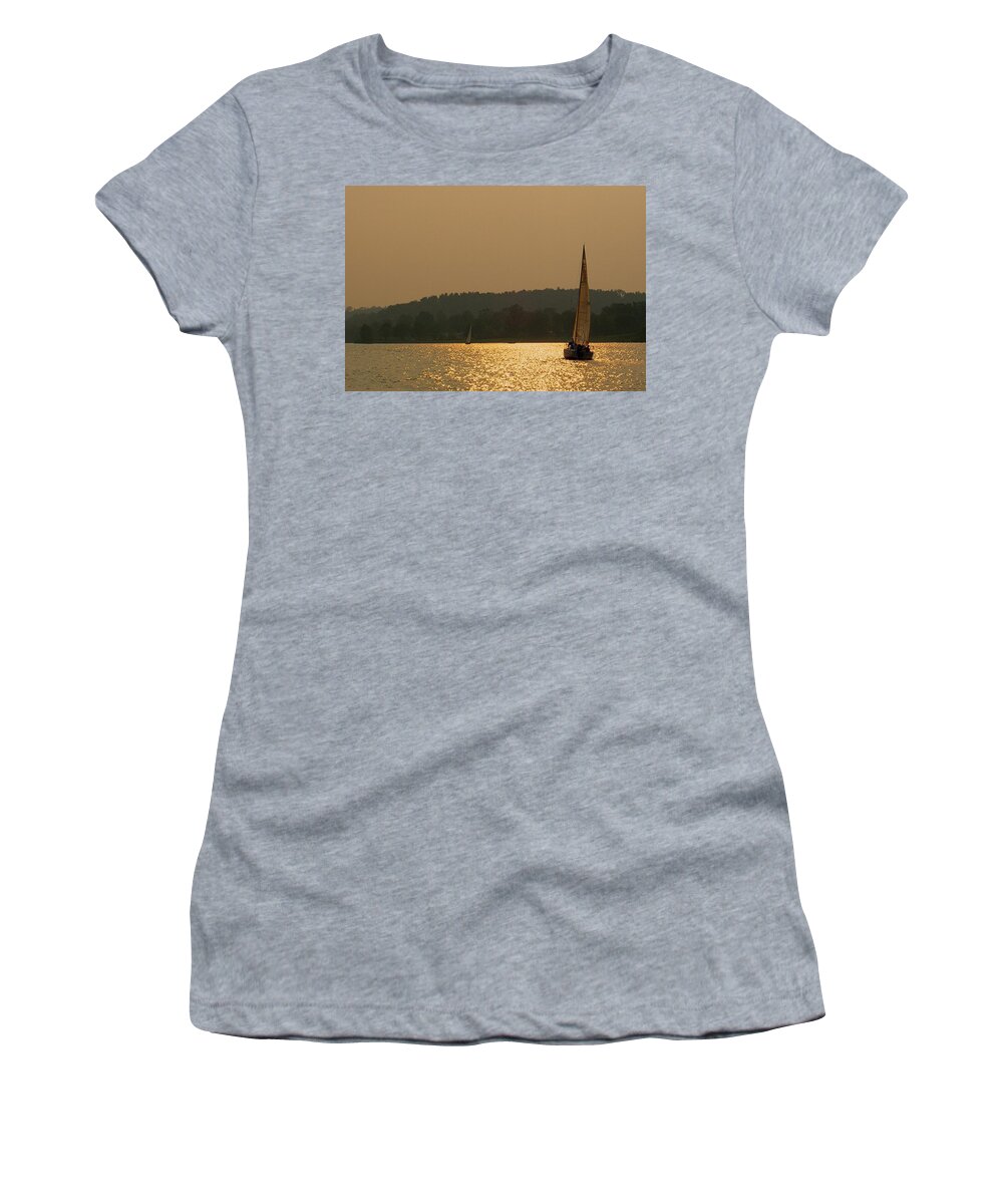 Lake Women's T-Shirt featuring the photograph On Golden Pond by Carolyn Jacob