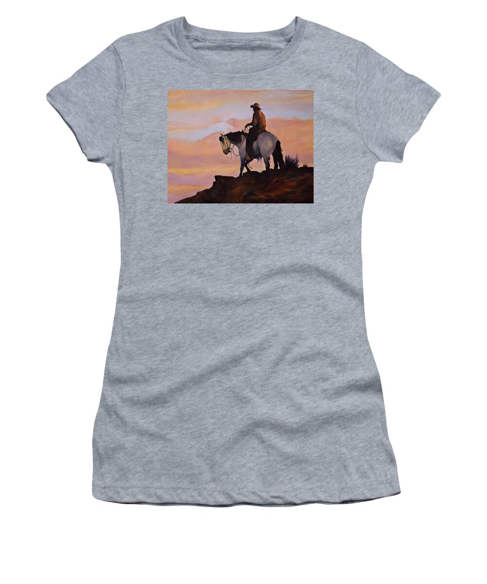 Western Women's T-Shirt featuring the painting On The Ridge by Barry BLAKE