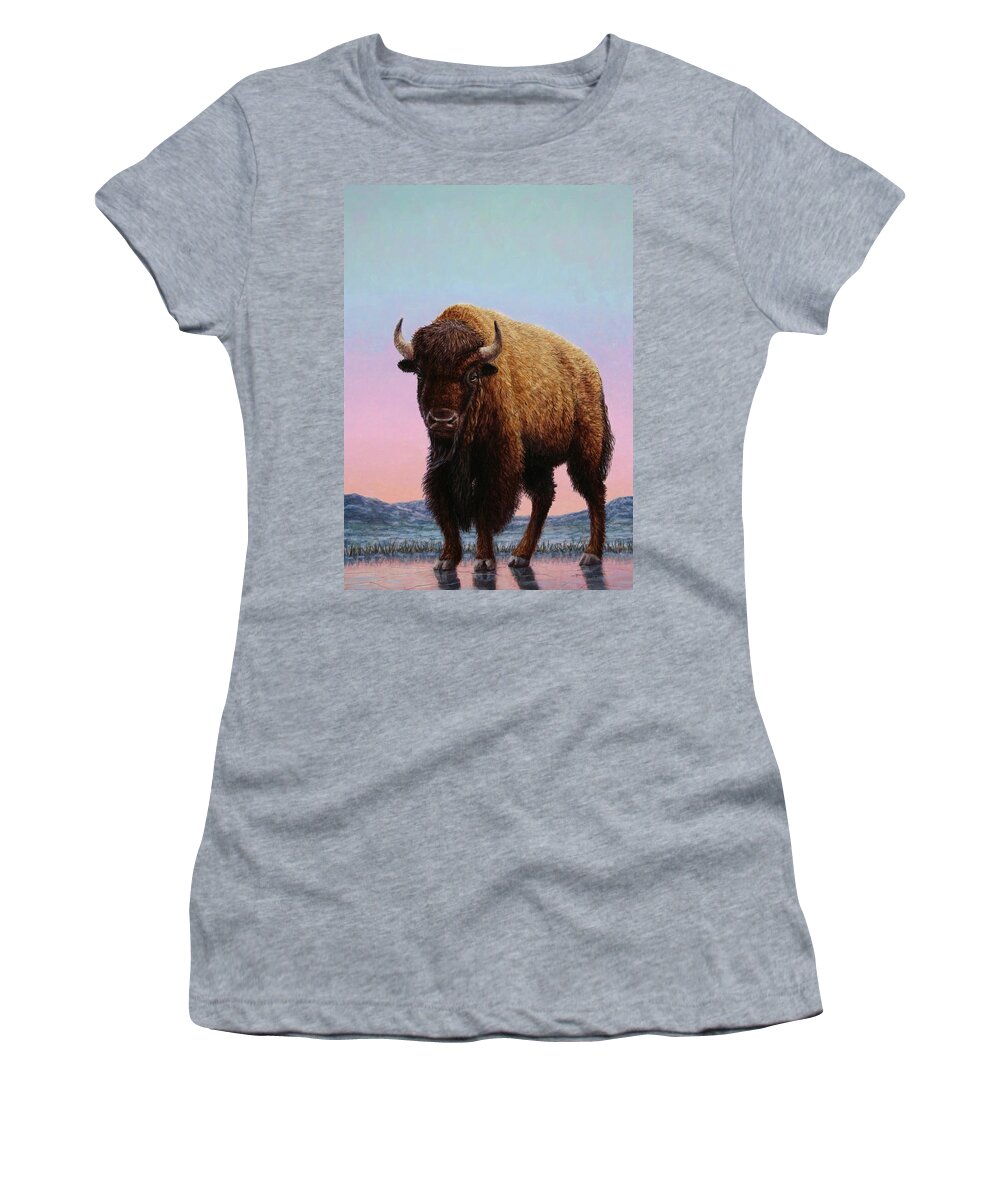 Buffalo Women's T-Shirt featuring the painting On Thin Ice by James W Johnson
