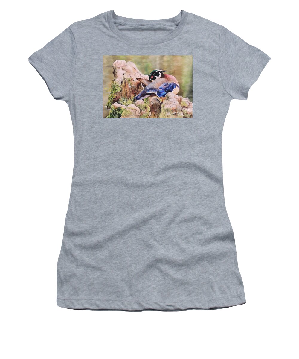 Wood Duck Women's T-Shirt featuring the painting One More Spot. SOLD by Sandy Brindle