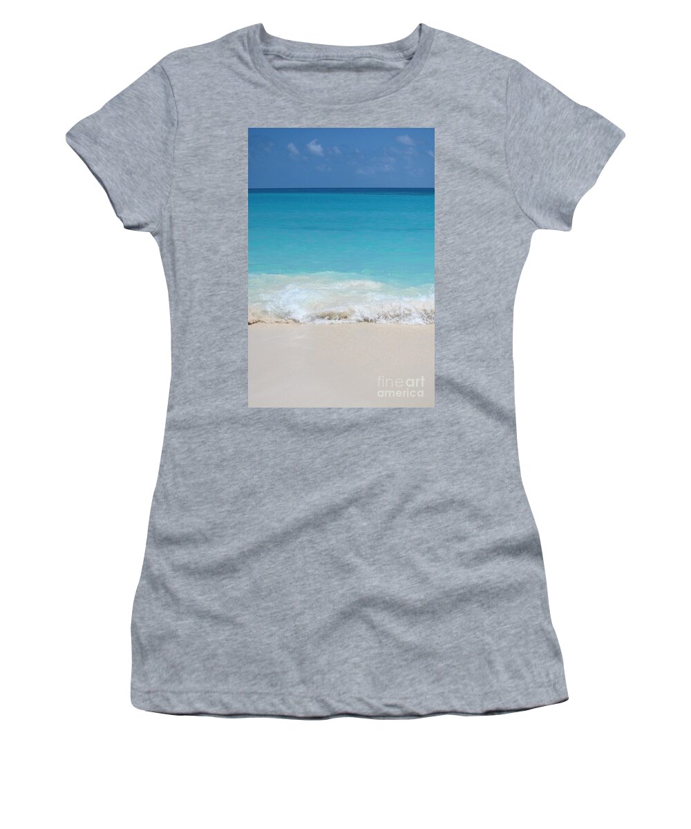 Beach; Water; Sand; Sky; Blue; White; Foam; Sea; Ocean; Lake; Clear; No One; Empty; Simplicity; Minimalism; Island; Deserted; Tropic; Tropics; Mexico; Cancun; Caribbean; Vacation; Tourism; Seascape; Horizon Women's T-Shirt featuring the photograph Open Waters by Margie Hurwich