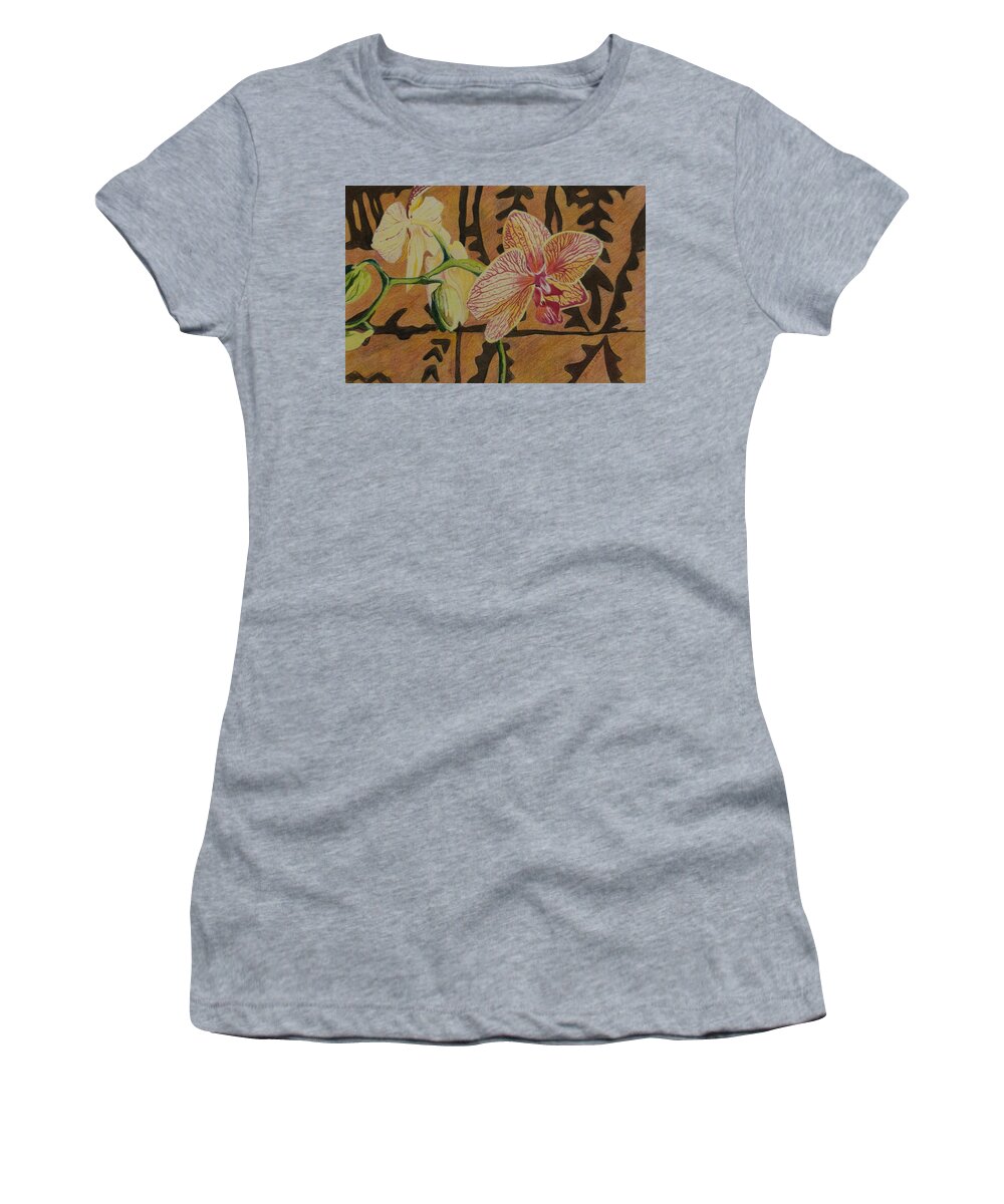 Orchid Women's T-Shirt featuring the drawing Orchid with Tapa by Terry Holliday