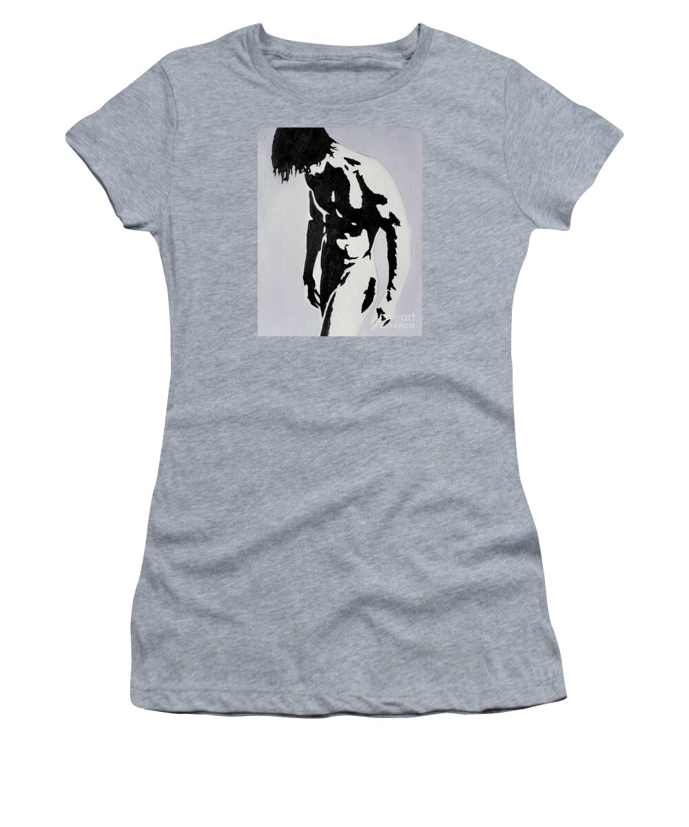 Original Women's T-Shirt featuring the painting Original Black An White Acrylic Paint Man Gay Art -male Nude#16-2-4-17 by Hongtao Huang