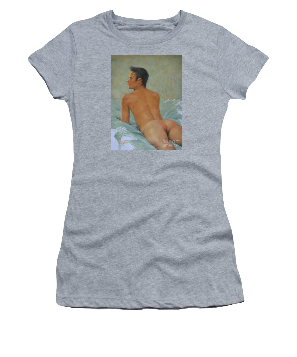Original Art Women's T-Shirt featuring the painting Original man oil painting gay body art-young male nude lying on bed by Hongtao Huang