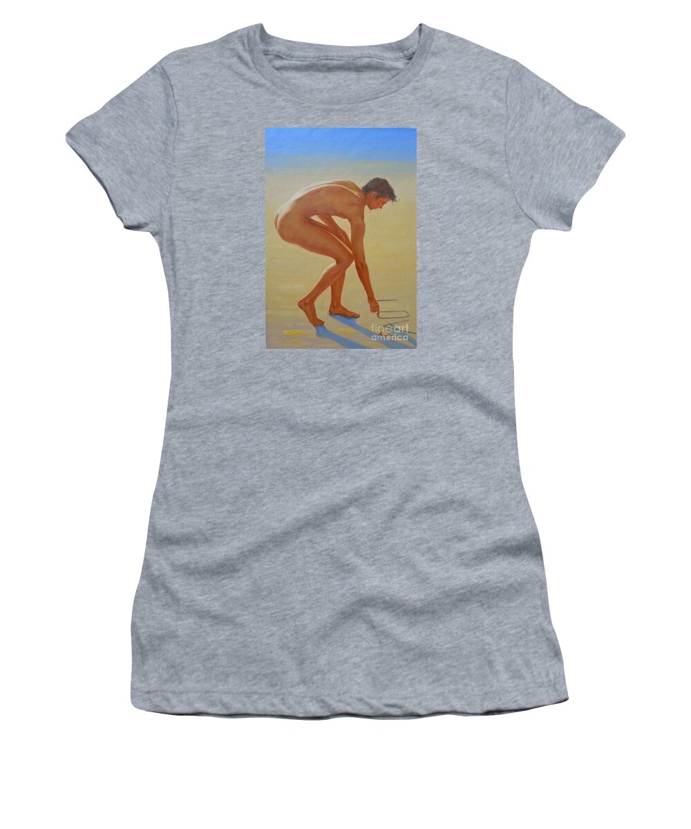 Original Women's T-Shirt featuring the painting Original Young Man Body Oil Painting Gay Art - Male Nude By The Sea-055 by Hongtao Huang