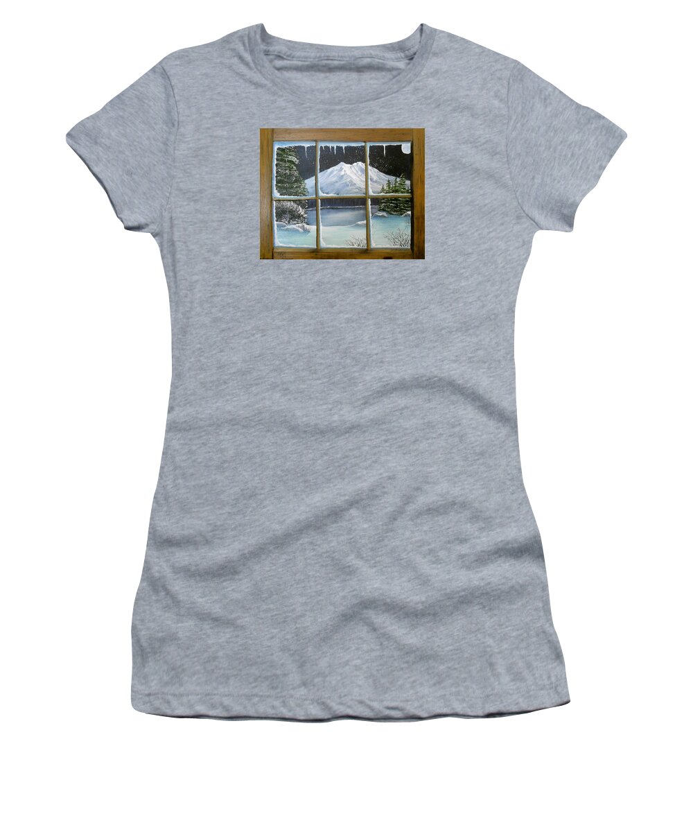 Window Women's T-Shirt featuring the painting Out My Window-Bright Winter's Night by Sheri Keith