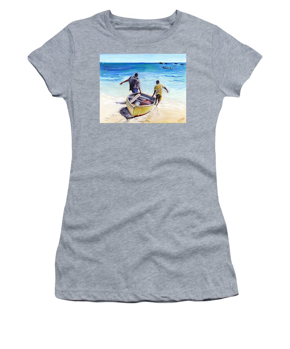 Barbados Women's T-Shirt featuring the painting Out To Sea by Richard Jules
