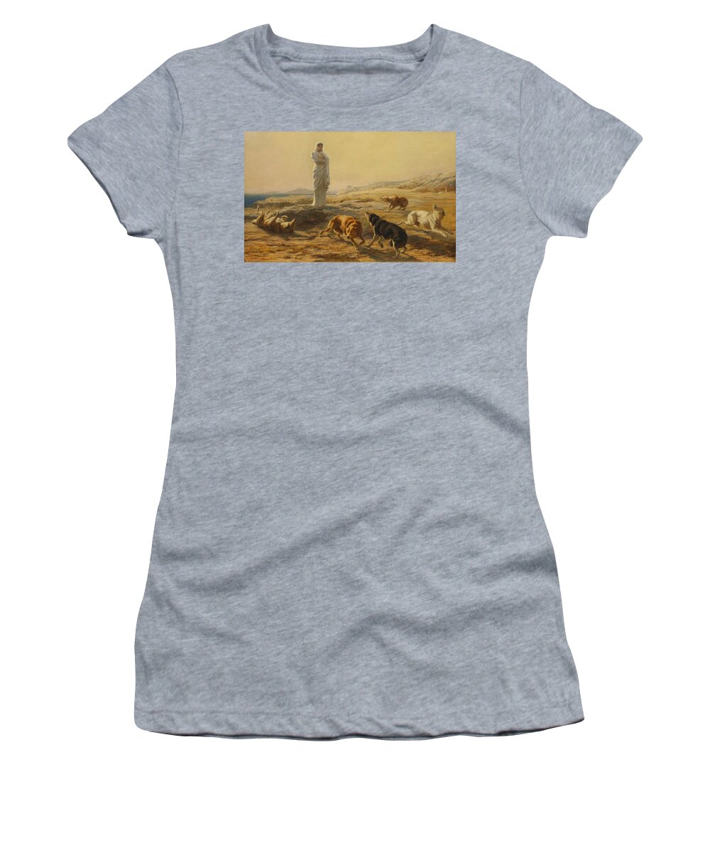Briton Riviere Women's T-Shirt featuring the painting Pallas Athena and the Herdsmans Dogs by Briton Riviere