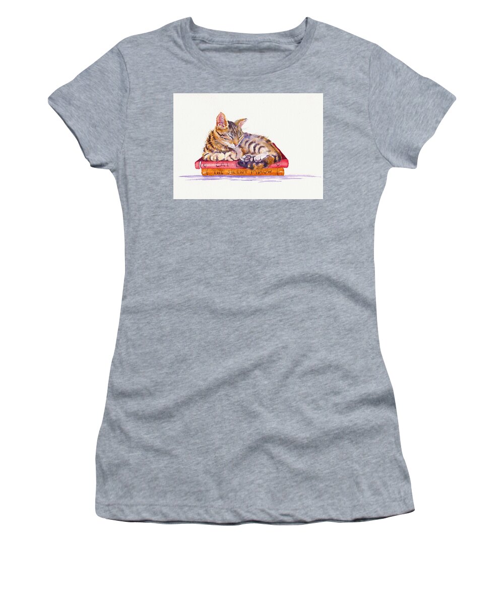 Cat Women's T-Shirt featuring the painting Sleeping Cat - Paperweight by Debra Hall