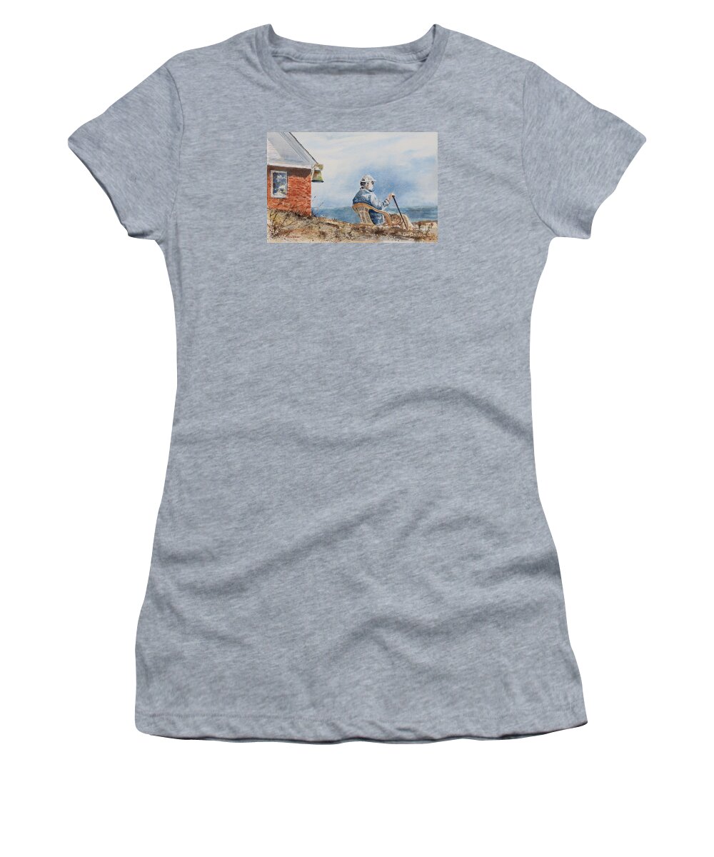 A Gentleman Looks To Sea At The Pemaquid Point Lighthouse On Mid-coast Maine.  Women's T-Shirt featuring the painting Passing Time by Monte Toon