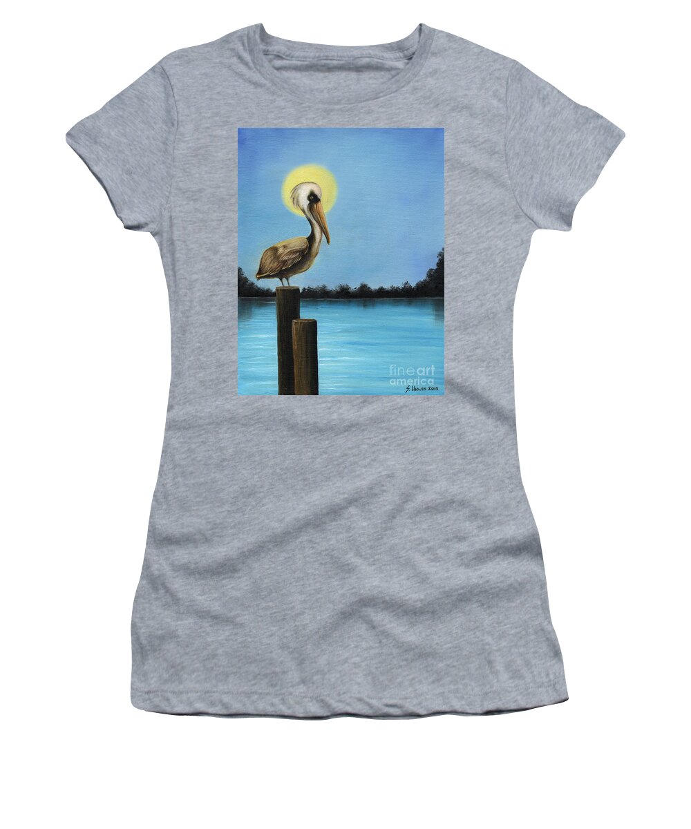 Peilcan Women's T-Shirt featuring the mixed media Patiently Fishing by Sheryl Unwin