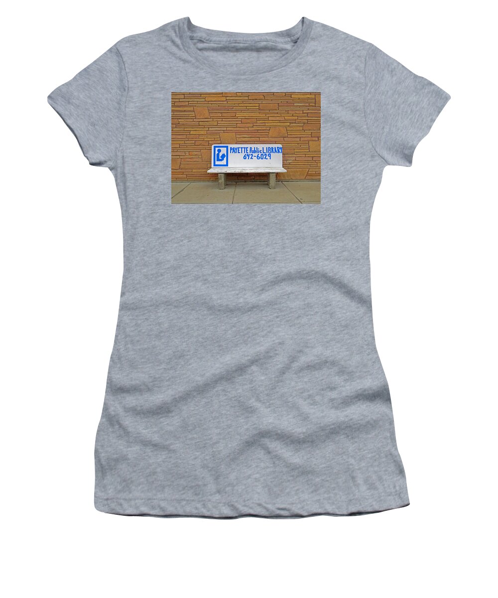 In Focus Women's T-Shirt featuring the photograph Payette Library Bench by Dart Humeston