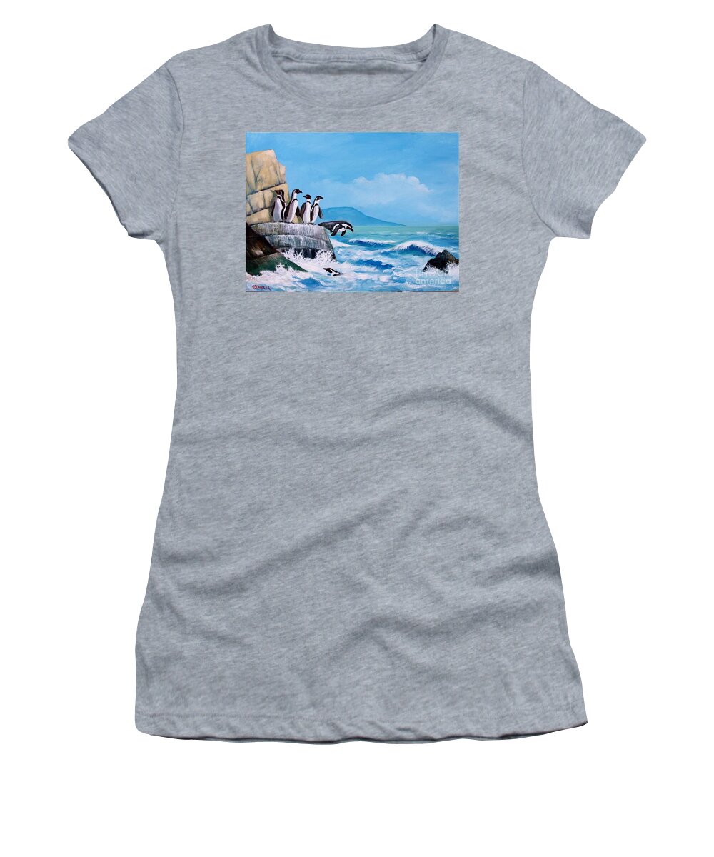 Pinguins Women's T-Shirt featuring the painting Pinguinos de Humboldt by Jean Pierre Bergoeing
