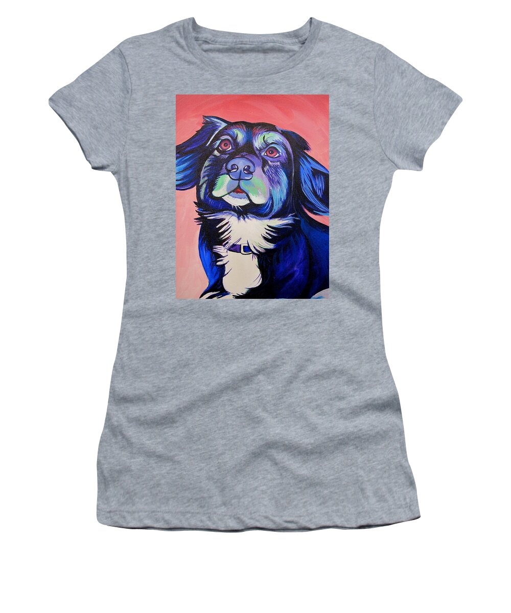 Dog Portraits Women's T-Shirt featuring the painting Pink and Blue dog by Joshua Morton