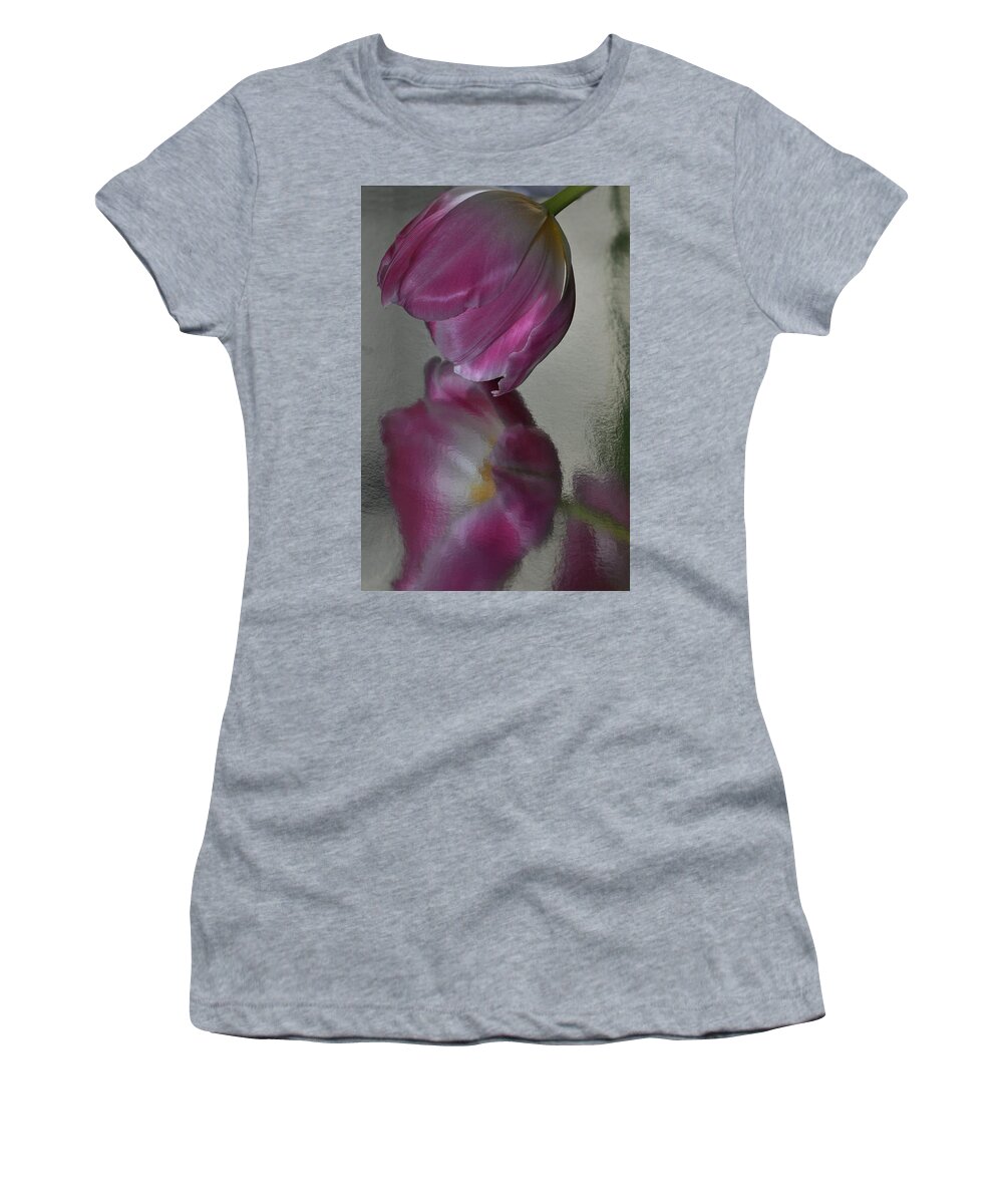 Flower Women's T-Shirt featuring the photograph Pink Tulip Reflected in Silver Water by Phyllis Meinke