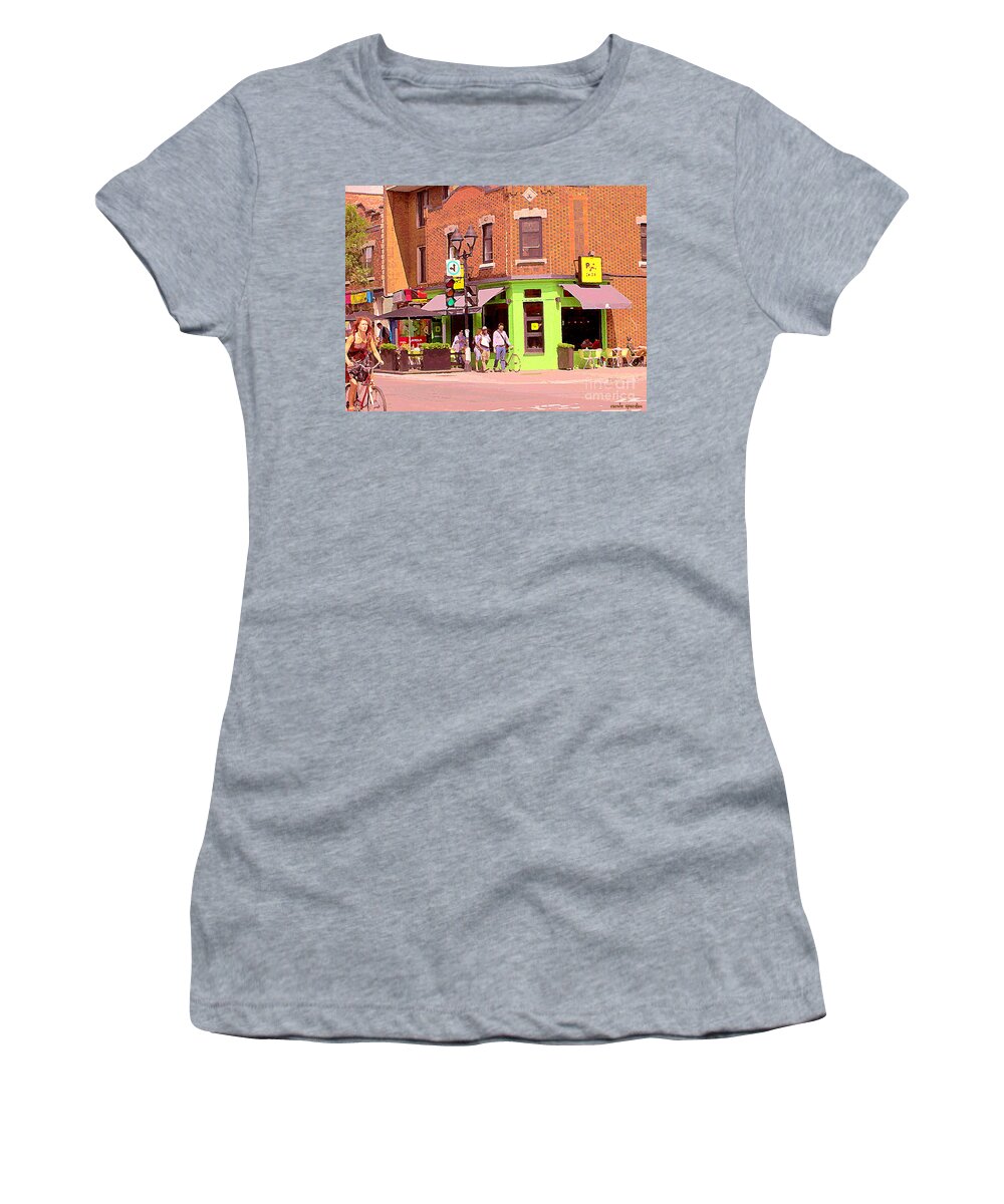 Pizzadelic Cafe Women's T-Shirt featuring the painting Pizzadelic Sidewalk Cafe Terrace Sunny Day Biking In The Latin Quarter Montreal City Scene C Spandau by Carole Spandau