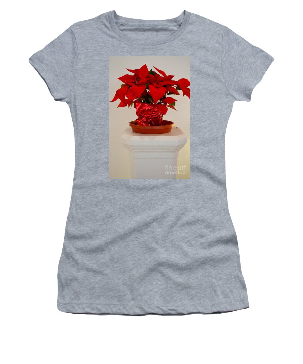 Poinsettia Women's T-Shirt featuring the photograph Poinsettia on a Pedestal No 1 by Mary Deal