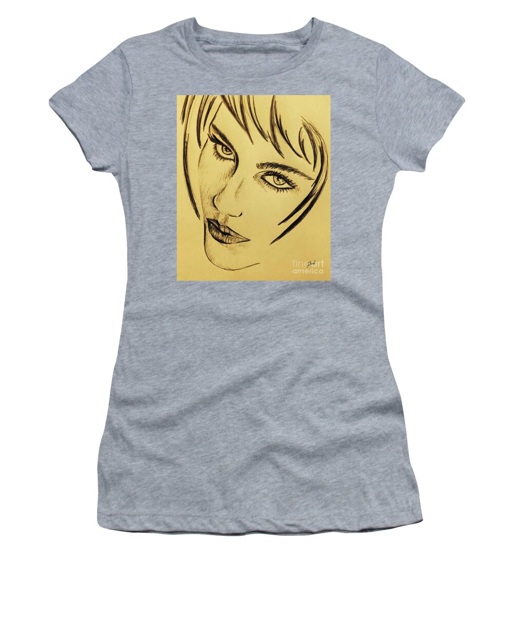 Drawing Women's T-Shirt featuring the drawing Portrait in a rainy day by - Zedi -