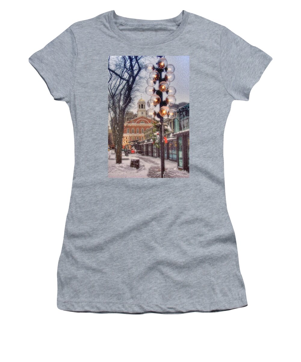 Quincy Market Women's T-Shirt featuring the photograph Quincy Market Flurries by Joann Vitali