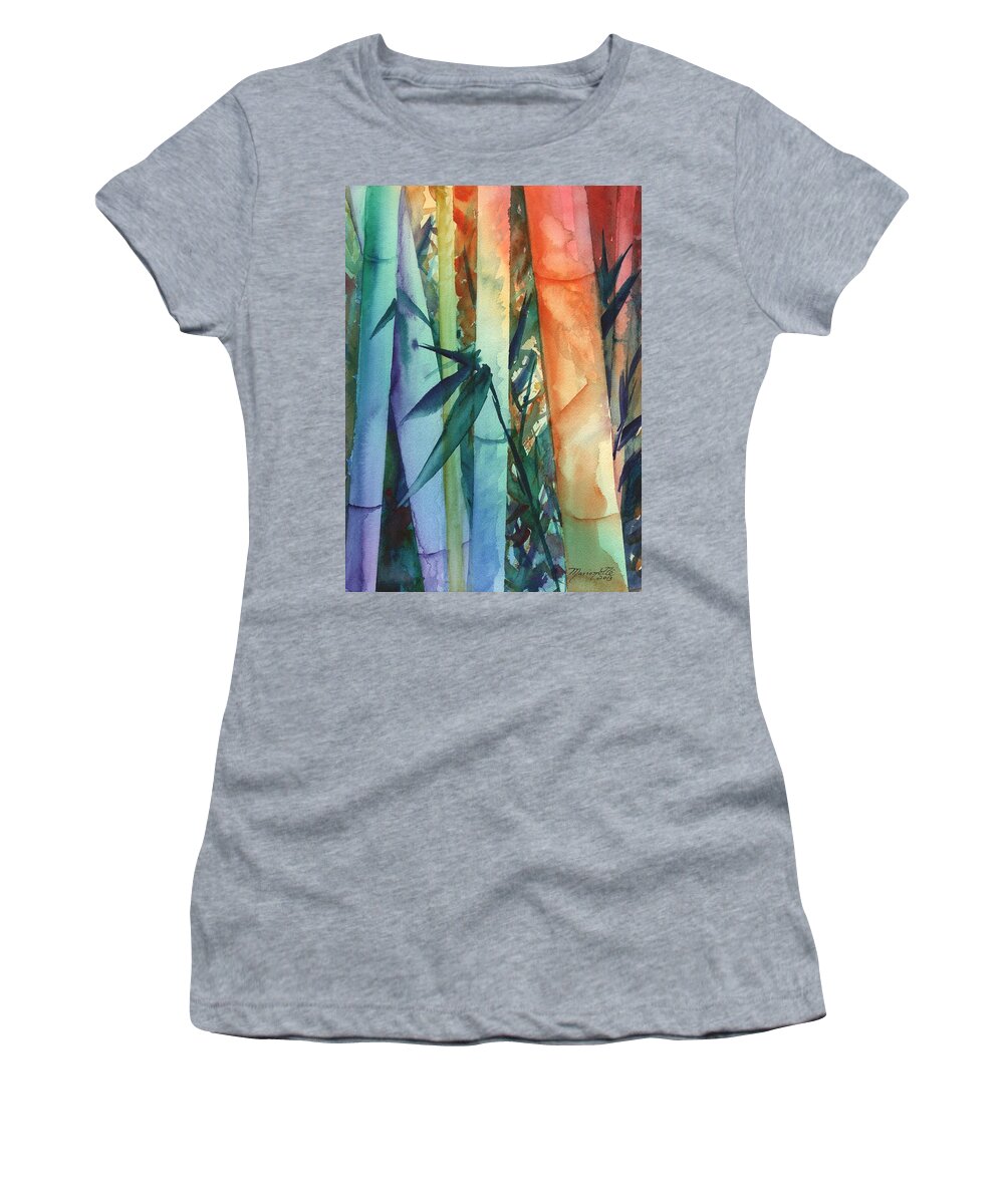 Rainbow Bamboo Women's T-Shirt featuring the painting Rainbow Bamboo 2 by Marionette Taboniar