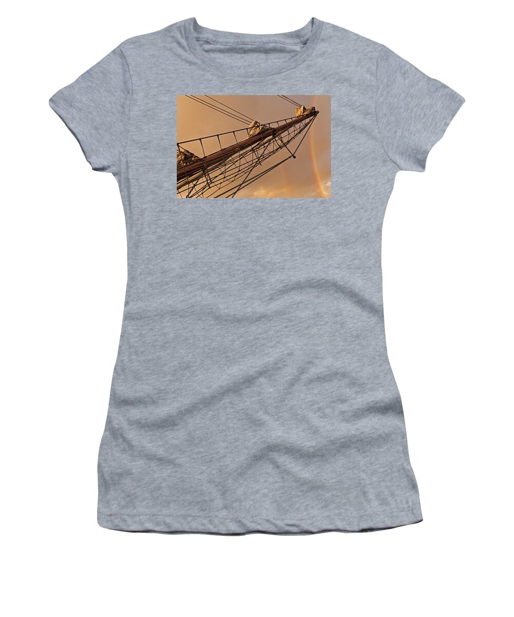 Rainbow Women's T-Shirt featuring the photograph Tall ship meets rainbow by Mike Santis