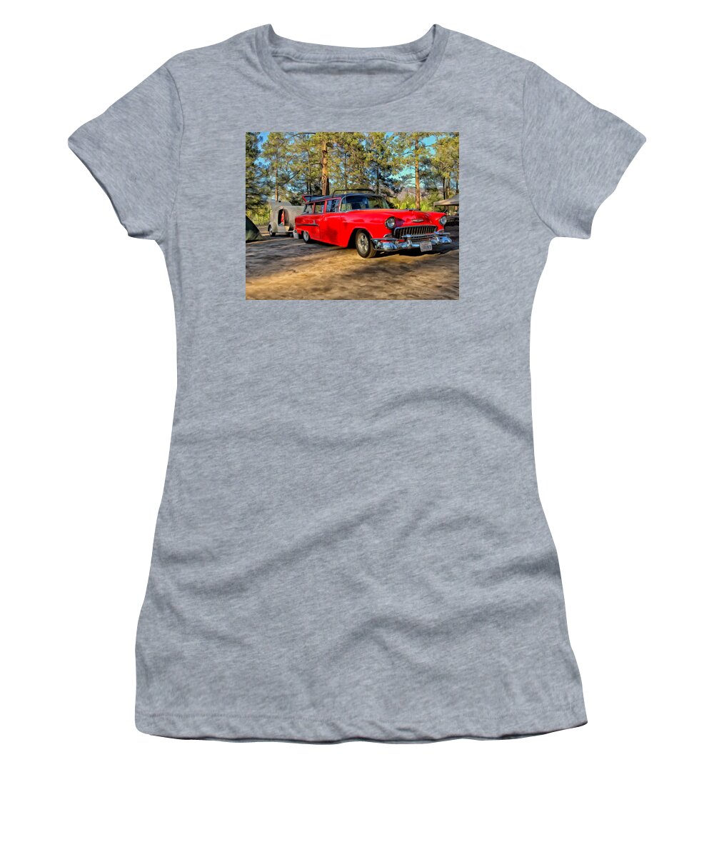 Bel Air Women's T-Shirt featuring the painting Red '55 Chevy Wagon by Michael Pickett
