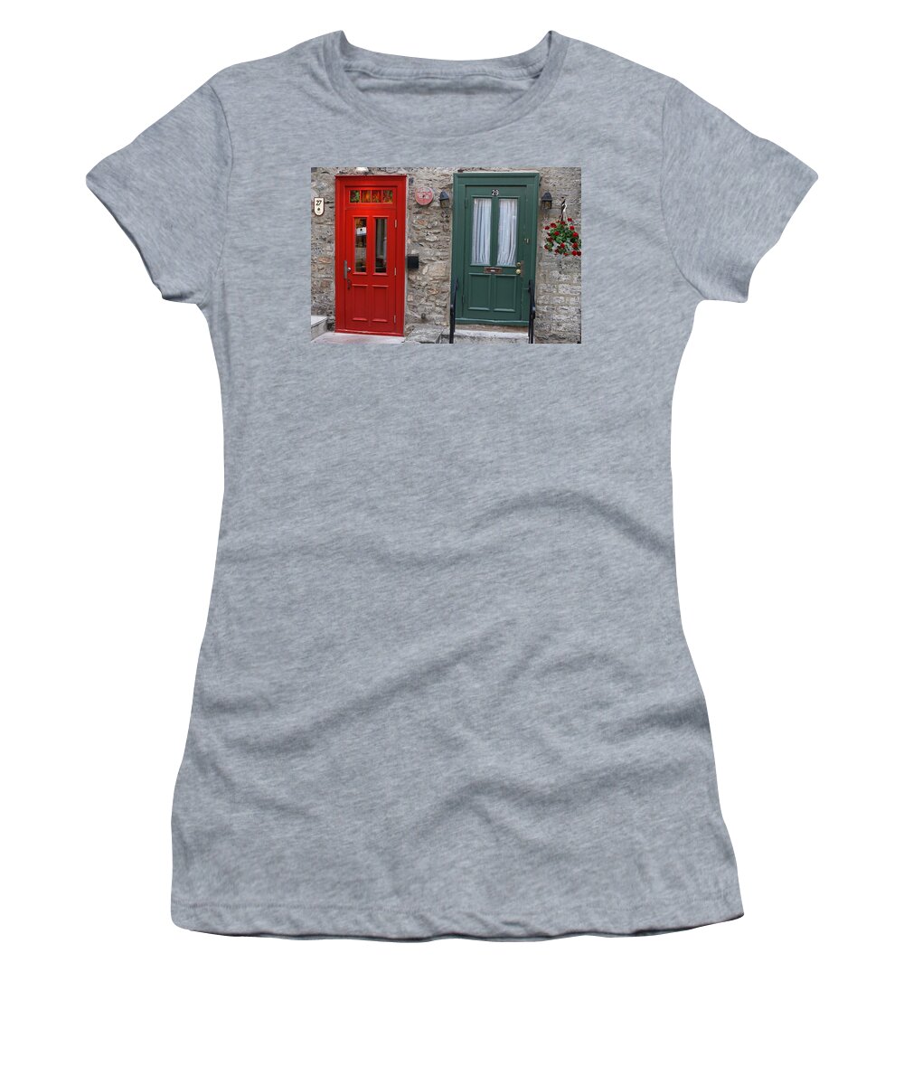 Red Women's T-Shirt featuring the photograph Red and Green Doors of Quebec by Juergen Roth