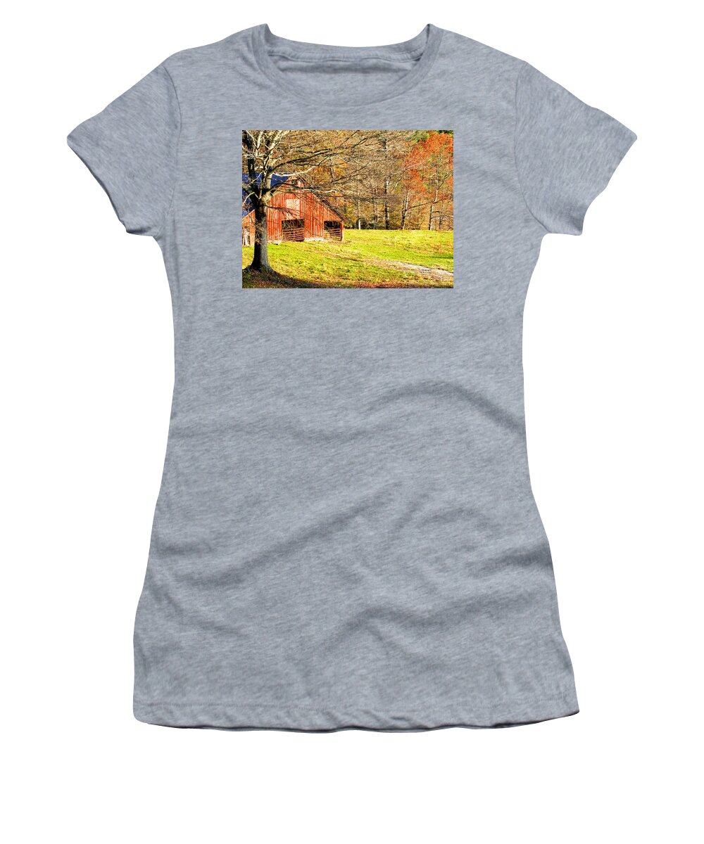 Barns Women's T-Shirt featuring the photograph Red Barn in Late Fall by Duane McCullough