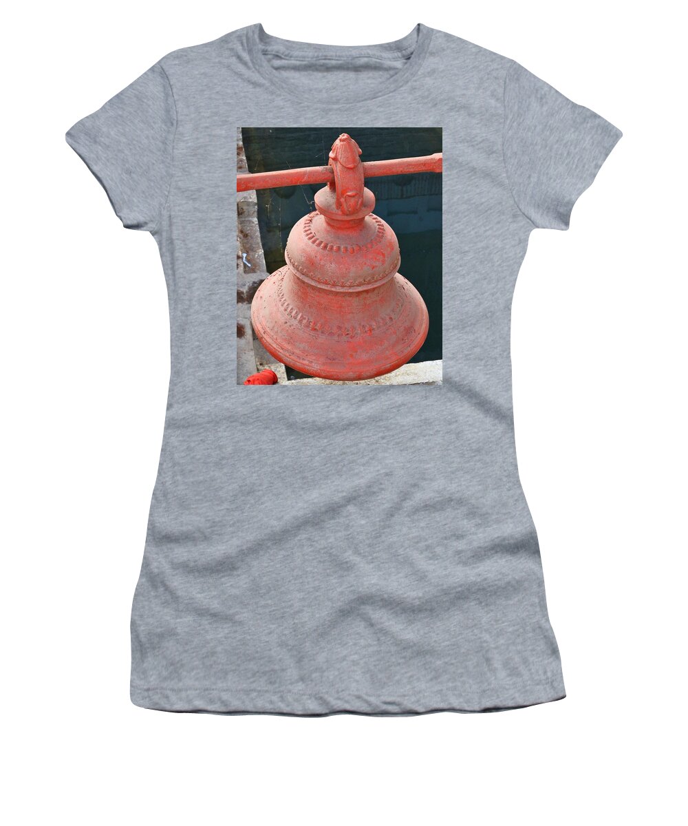 Bell Women's T-Shirt featuring the photograph Red Bell at the Kund - Varanasi India by Kim Bemis