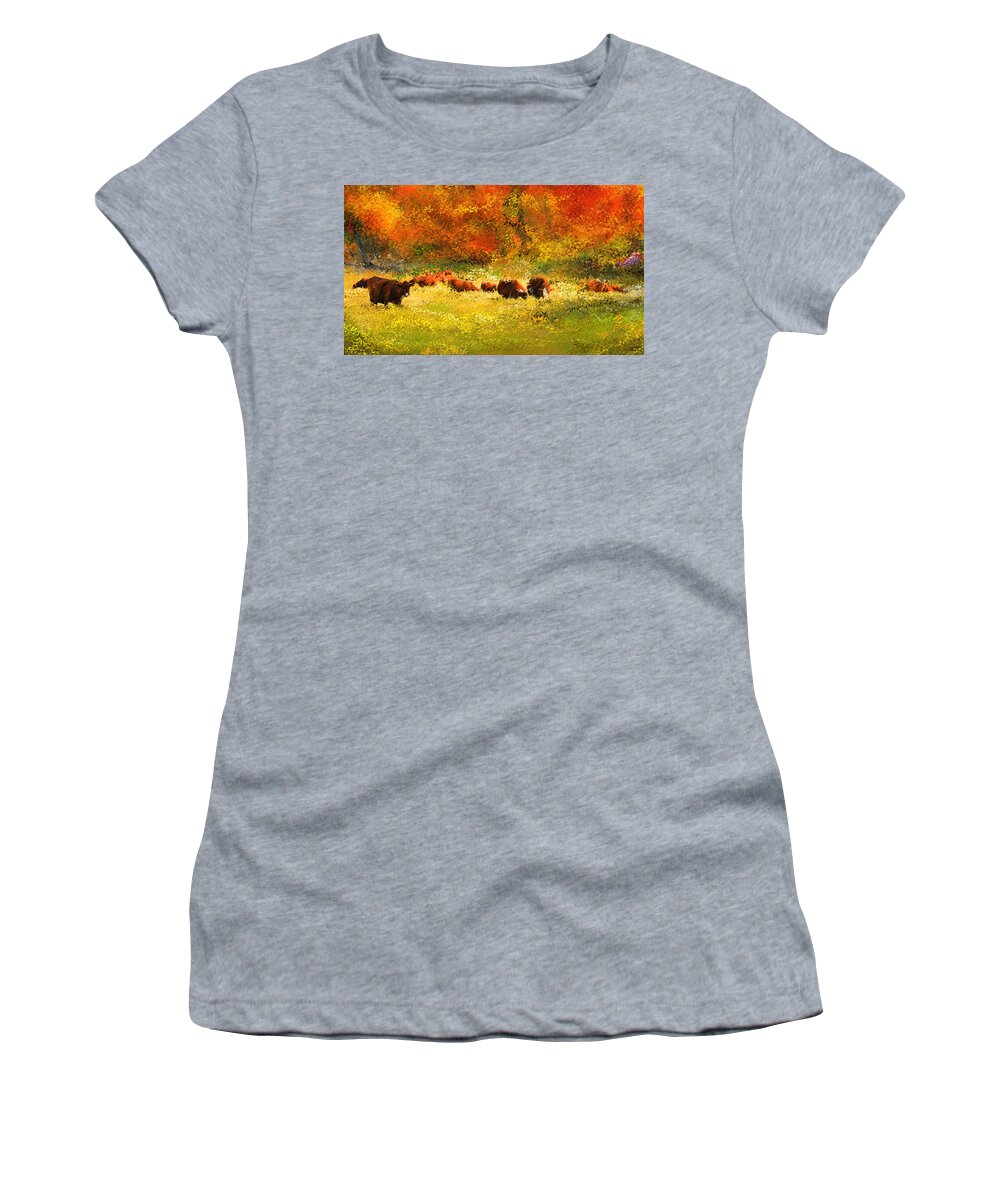 Red Devon Cattle Women's T-Shirt featuring the painting Red Devon Cattle In Autumn -Cattle Grazing by Lourry Legarde