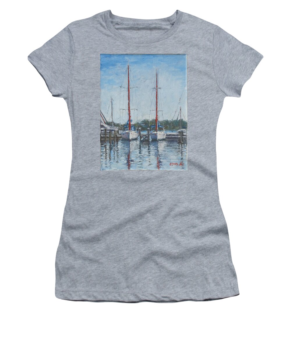 Red Sails Women's T-Shirt featuring the painting Red Sails Under Gray Sky by Ritchie Eyma