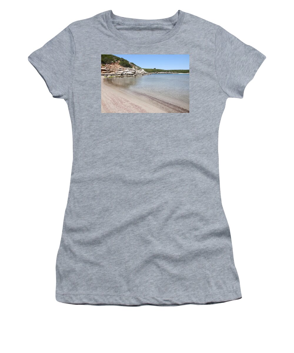 Blue Women's T-Shirt featuring the photograph Red Sand of Cala Pudent in Menorca offers crystal water and amazing blue sky by Pedro Cardona Llambias